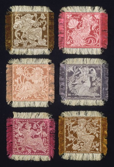 Floras Gevolg, set van zes dessertservetten, Roos, Lelie, Madeliefje, Klaproos, Anjer en Blauwe Bel, vervaardigd door John Wilson & Sons, 1893 door Walter Crane